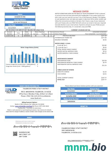 USA Fallbrook Public rachunek za usługi komunalne szablon w formacie Word i PDF